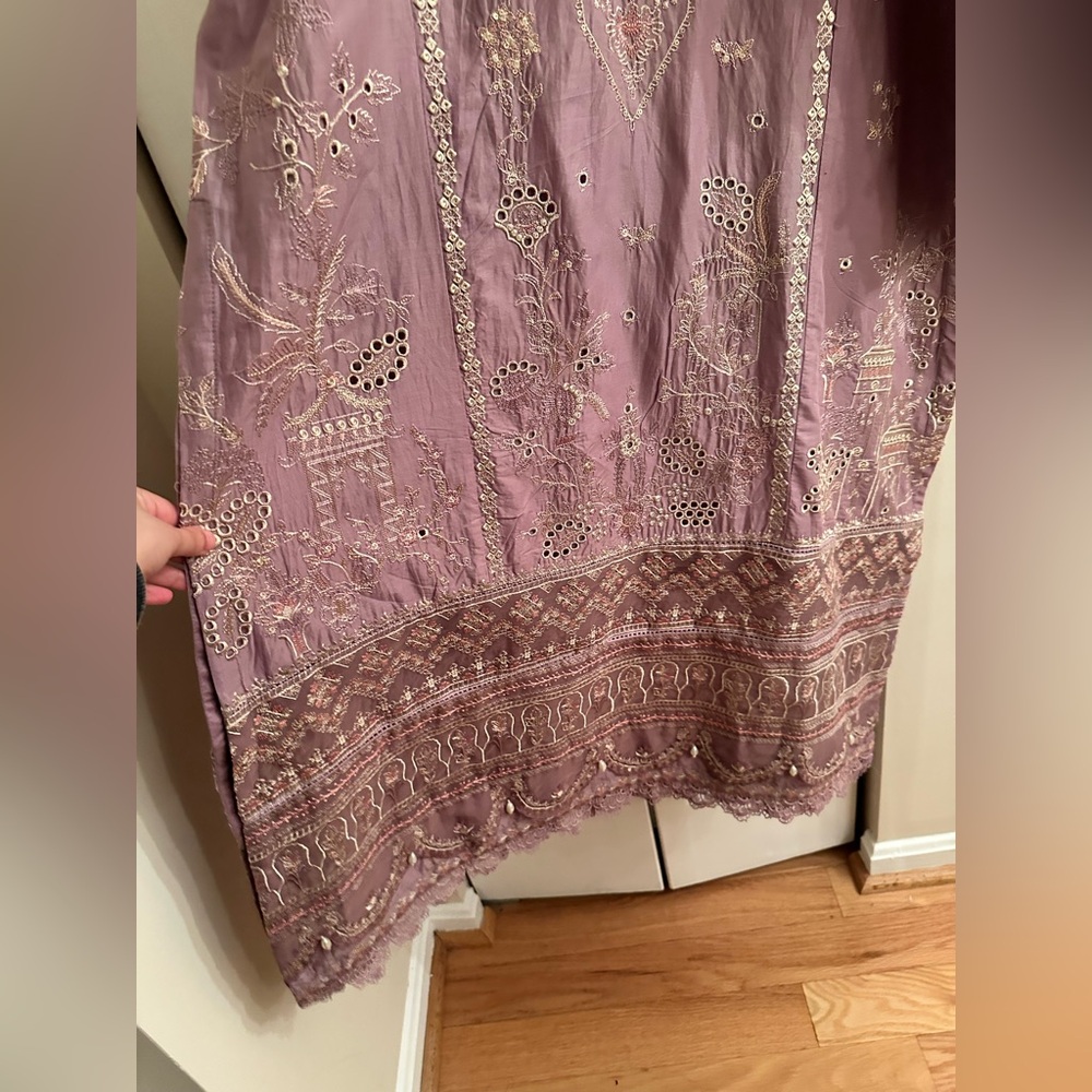 Batik Pakistani Designer Kurta & Dupatta Set | Embroidered Mauve Purple | Size M - Picture 6 of 14